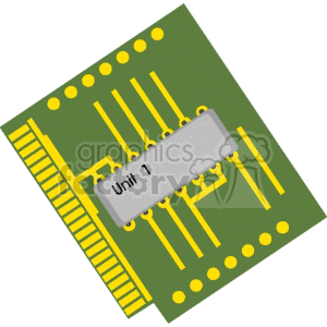 Clipart image of a green computer chip with yellow circuit lines and the label 'Unit 1'.