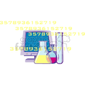 A clipart image featuring a computer monitor alongside laboratory glassware such as test tubes and flasks, with numbers overlaid.