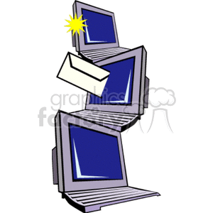 A clipart image featuring three stacked laptops, with a yellow starburst symbol above and a white envelope icon, indicating email or electronic communication.