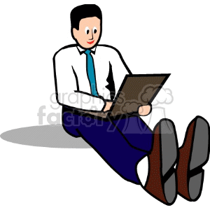 This clipart image features a cartoon man in a business attire, sitting on the ground and working on a laptop.