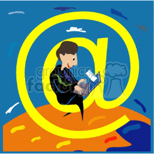 A colorful clipart image depicting a person using a laptop while sitting inside a large yellow '@' symbol.