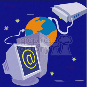 Clipart image showing an old-style computer monitor with an '@' symbol on the screen, a router, and a globe representing global internet connectivity.