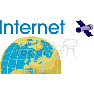 Clipart image of the word 'Internet' with a globe and a satellite. The globe appears with continents in yellow and the rest in blue. A satellite is depicted at the top right corner.