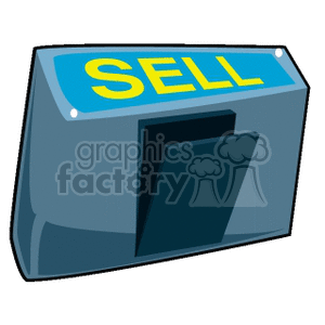 Clipart image of a blue button labeled 'SELL' in yellow font, resembling a clickable switch or button.