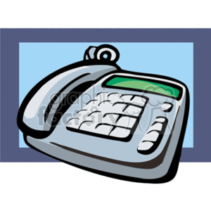The clipart image depicts a stylized representation of a business phone or office telephone. It features a handset, a number pad, and a display screen, which are common elements of a landline phone used in office settings. The handset is placed on top of the phone's base, indicating that the phone is not in use.