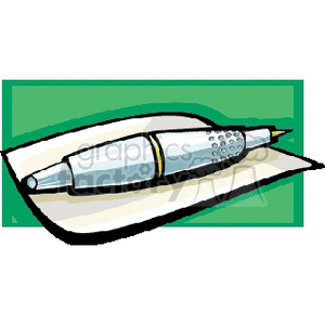 A clipart image of a pen resting on a piece of paper with a green background.