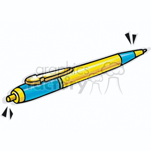 A colorful clipart image of a yellow and blue pen with a click mechanism.