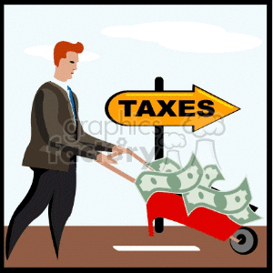 Man Pushing Money Towards Taxes Sign