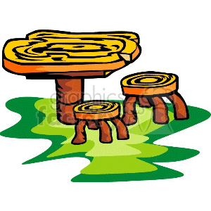 Cartoon Wooden Table and Stools on Green Grass