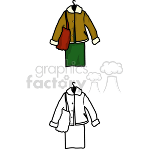 Clipart image featuring two outfits on hangers: the top outfit is a colored jacket with a red bag and a green skirt, and the bottom one is the same design in black and white.