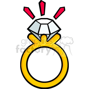 Clipart image of a gold diamond ring with a large gemstone and red accent lines indicating sparkle.
