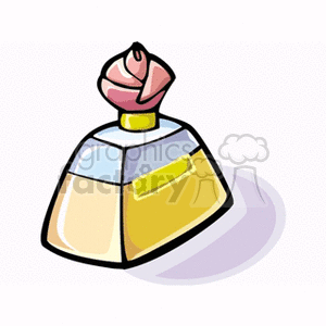 A clipart image of a perfume bottle with a decorative pink rose cap and a yellow label on the front.