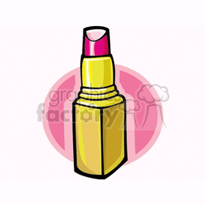 Clipart image of a yellow lipstick tube with a pink tip, set against a pink circle background.