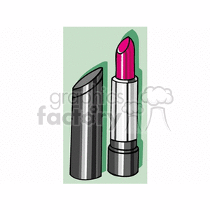 An illustration of a lipstick tube with the cap off. The lipstick is bright pink and set against a light green background.