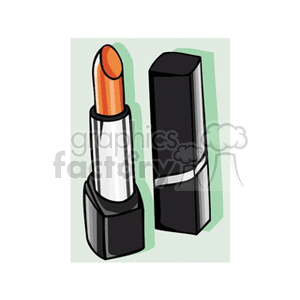 A clipart image of an open lipstick with an orange shade and its black cover.