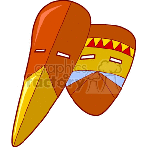 Clipart image of two colorful tribal masks with geometric patterns, one in orange and yellow and the other in brown with an ornamental design.