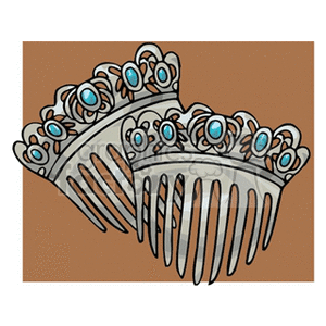 Clipart image of two decorative combs with ornate designs and blue gemstones on a brown background.