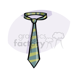 This clipart image features a necktie with diagonal yellow and green stripes. It is set against a light purple oval background.