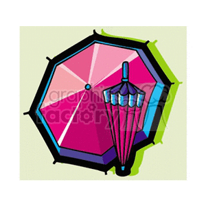 A clipart image featuring an open umbrella and a folded umbrella. Both umbrellas are predominantly pink and set against a light green background.