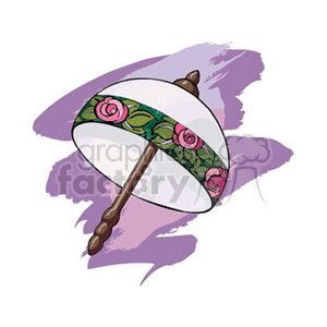 A clipart image of a white parasol with a floral design band featuring pink roses, against a purple background.