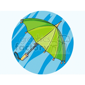 A clipart image of a green umbrella with a yellow handle against a blue circular background with wavy stripes.