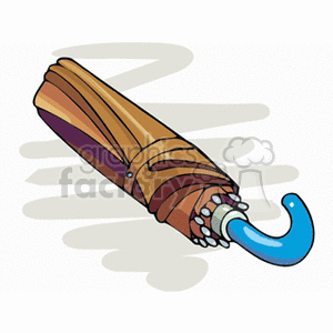A clipart image of a closed umbrella with a blue handle and brown canopy.