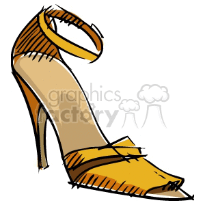 Illustration of a stylish yellow high-heeled shoe with an ankle strap.