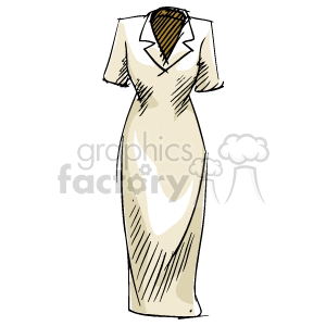 Clipart image of a beige long dress with short sleeves and a collar, featuring simple and elegant design details.