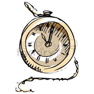 A hand-drawn clipart image of a vintage pocket watch with Roman numerals and a gold chain.