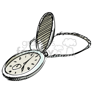 A hand-drawn sketch of a pocket watch with an open lid.