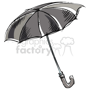 A clipart image of an open umbrella with a curved handle, featuring a sketch-style design in shades of black and gray.