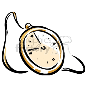 Clipart image of a vintage pocket watch with a chain, illustrated in a loose, sketchy style with beige and black colors.