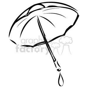 A black and white clipart image of an open umbrella with a raindrop on the tip.