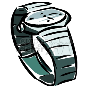 Clipart image of a wristwatch with a metallic strap and a simple round face.