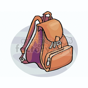 A clipart image of an orange and purple backpack with a front pocket and straps.