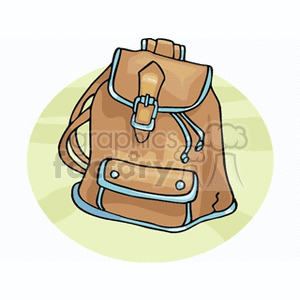 A clipart image of a brown backpack with a buckle strap and front pocket.