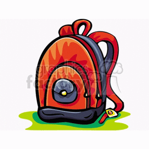 Colorful cartoon-style backpack with pockets and zippers, placed on grassy ground.