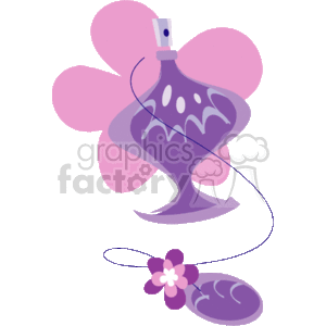This clipart image depicts a stylized perfume bottle with an intricate design, including a floral motif on both the bottle and the attached pendant. The bottle has a whimsical, curvy shape and is colored in shades of purple with white accents that suggest a reflective surface or a decorative pattern on the glass. It has a spray nozzle at the top. In the background, there is a simple representation of a pink flower, possibly suggesting a floral scent or simply adding to the aesthetic appeal of the image.