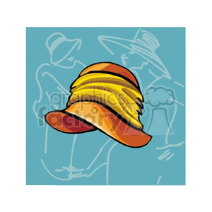 Clipart image featuring a brightly colored, wide-brimmed hat with orange and yellow stripes. The background includes line art of people wearing hats.