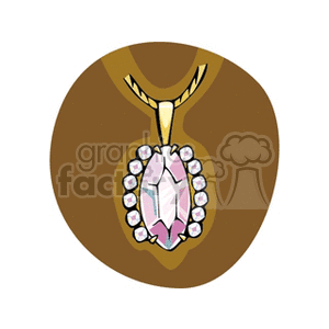 Illustration of a gold necklace with a pink gemstone pendant surrounded by smaller white stones against a brown background.