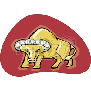 Clipart image of a stylized golden bull with a diamond-studded medallion, set against a red background.