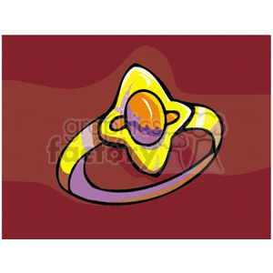 Colorful clipart image of a gold ring with a gemstone on a red background.