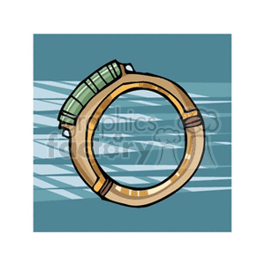 A clipart image of a gold ring with green gemstones on a blue patterned background.