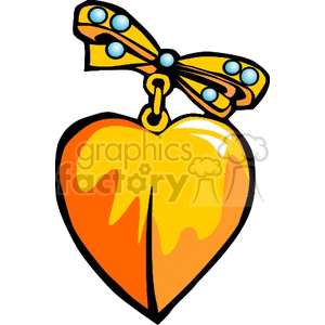 Colorful clipart image of a gold heart pin with a bow and gemstone accents.