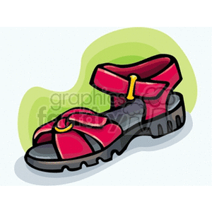 Illustration of a red sandal with a thick sole and adjustable strap.