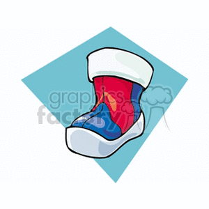 A colorful clipart depiction of a winter snow boot with a white fur trim, set against a blue diamond background.