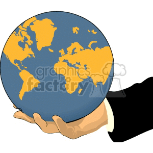 A clipart image of a hand holding the globe with continents in yellow color.