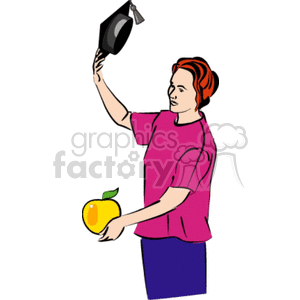 Clipart image of a female figure holding an apple and a graduation cap. The person is wearing a pink shirt and blue pants.
