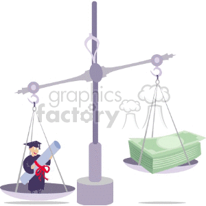 A clipart image showing a balance scale with a graduate holding a diploma on one side and a stack of money on the other, symbolizing education versus financial investment.