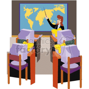 Clipart image of a classroom scene with a teacher pointing at a world map on the wall while students sit at desks with computers.